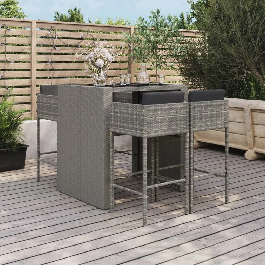 vidaXL 5 pcs conjunto de bar p/ jardim c/ almofadões vime PE cinzento