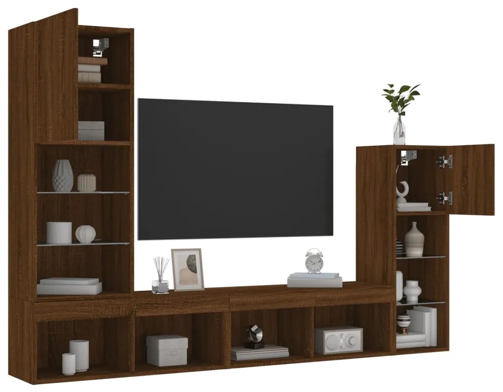 vidaXL 4 pcs móveis parede TV c/ LEDs deriv. madeira carvalho castanho