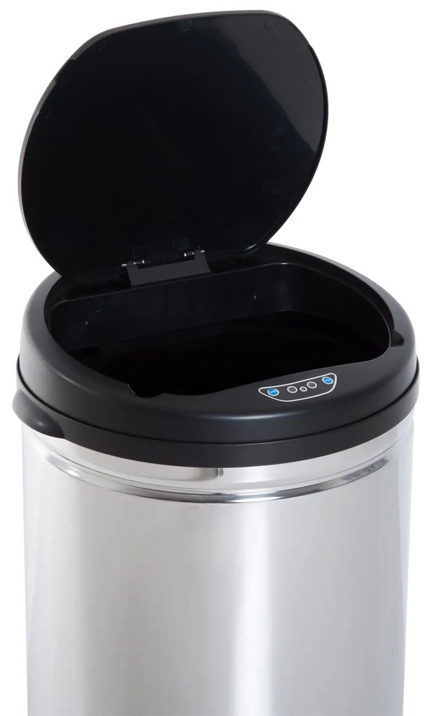 HOMCOM Balde de Lixo Inteligente de Aço Inoxidável 50L com Sensor Infravermelho de Abertura Automática para Cozinha Dormitório Casa de Banho Ø30,5x81,5cm Prata e Preto