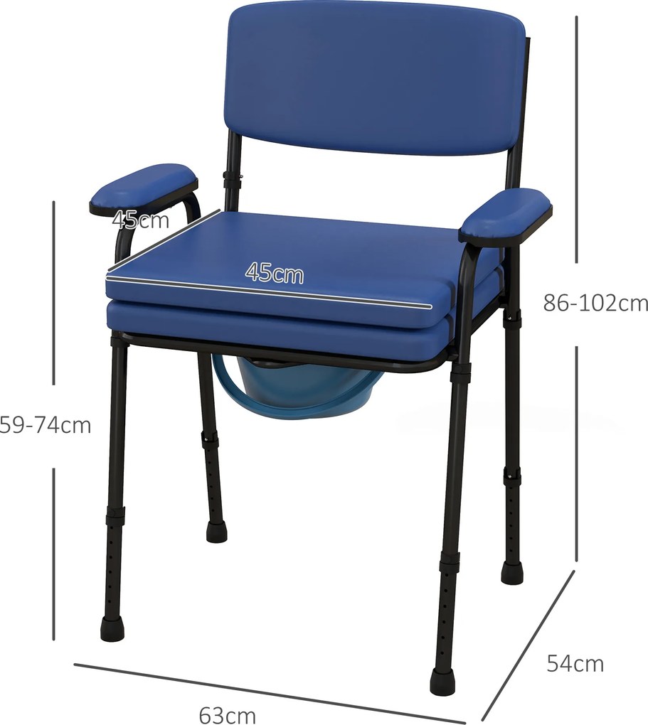 Cadeira sanitária multifunções com balde removível, altura ajustável, encosto, assento e braços almofadados, azul