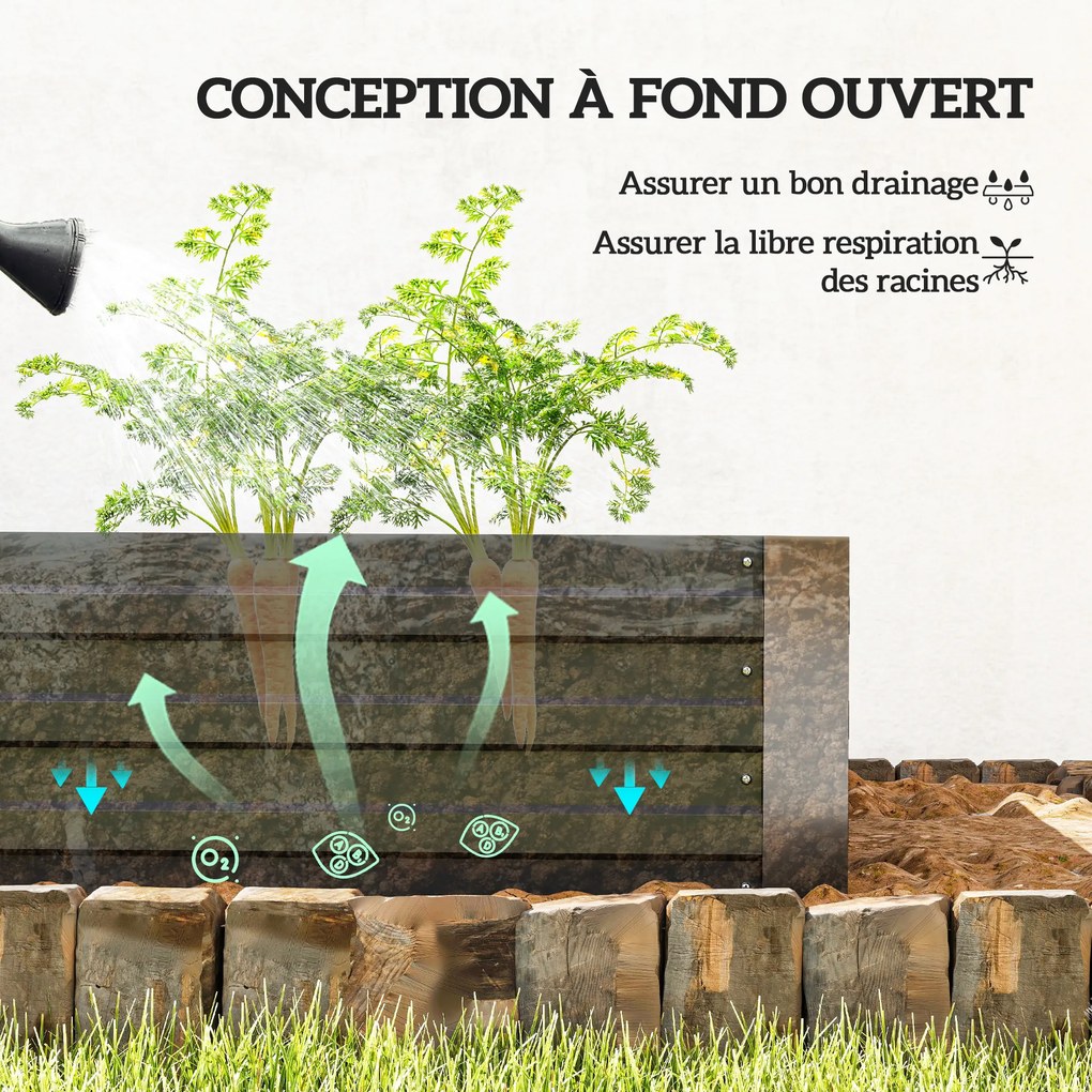 Floreira retangular de aço galvanizado com suportes para tomates e plantas trepadeiras, 180 x 90 x 29,5 cm preto