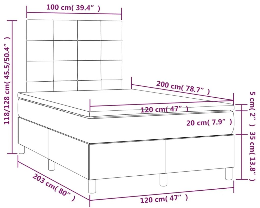 Cama boxspring c/ colchão 120x200 cm veludo cinzento-claro