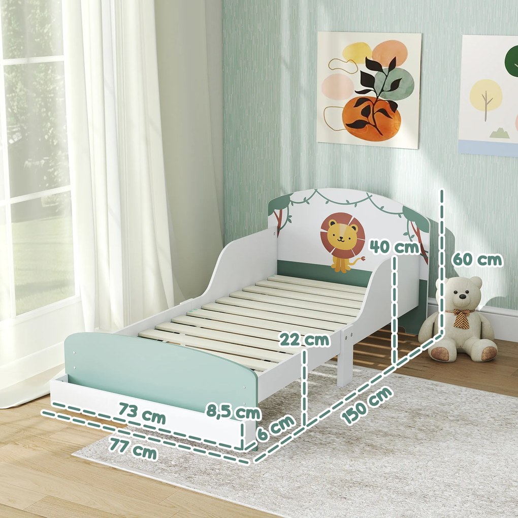 Cama Infantil para Crianças +3 Anos 70x140 cm em Madeira (Colchão não incluído) com Armazenamento e Desenho de Leão para Quarto Verde