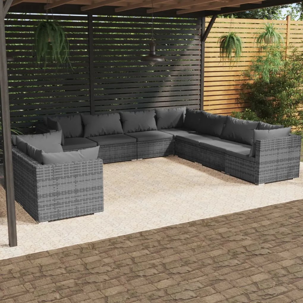 vidaXL 9 pcs conjunto lounge de jardim c/ almofadões vime PE cinzento