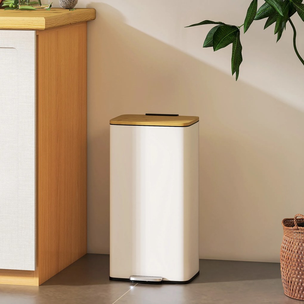 Balde de Lixo de Cozinha com Pedal 20L Tampa de Bambu com Fecho Suave 29,5x29,5x56,8 cm Branco e Madeira