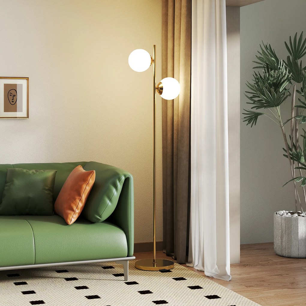 Candeeiro de pé de design para sala de estar, estilo neo-retro, com 2 lâmpadas esféricas, potência máxima de 40 W, em metal dourado