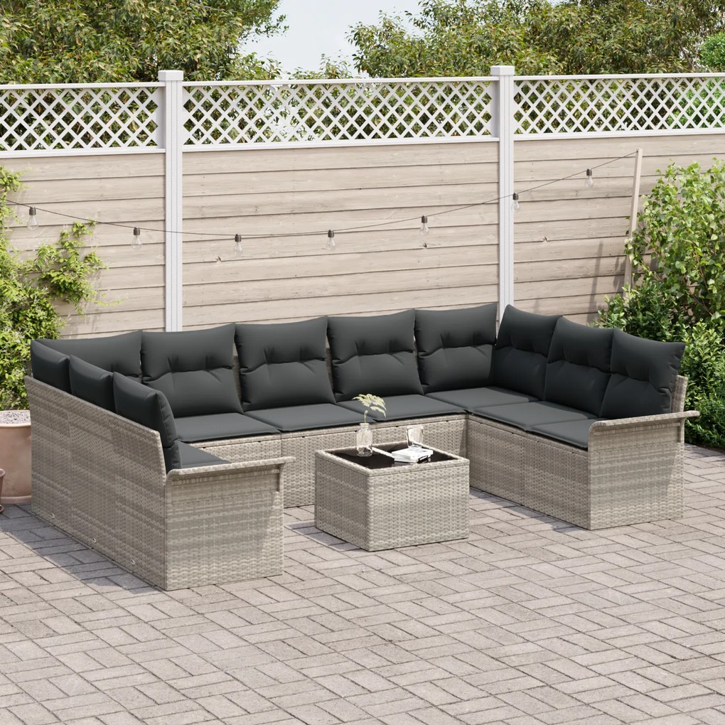 Conjunto de Sofá de Jardim de 10 Peças com Almofadas Cinza de Rattan d
