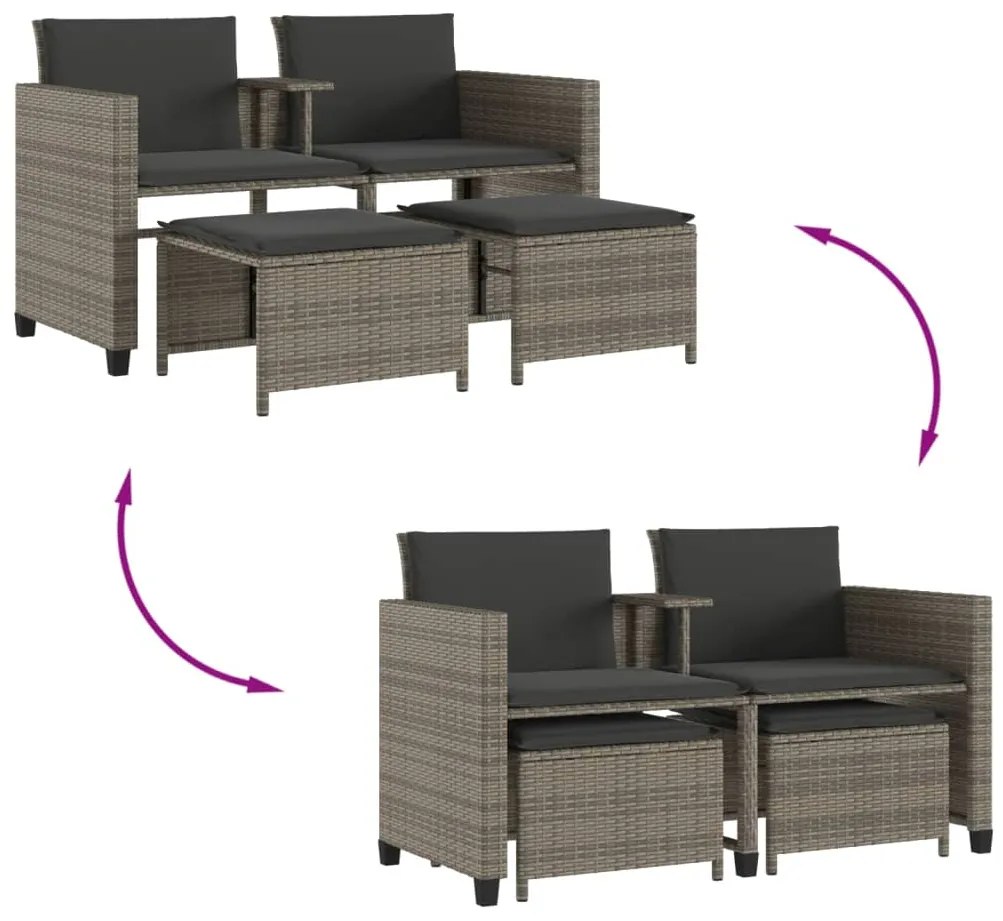 Sofá de jardim de 2 lugares com mesa e bancos vime PE cinzento