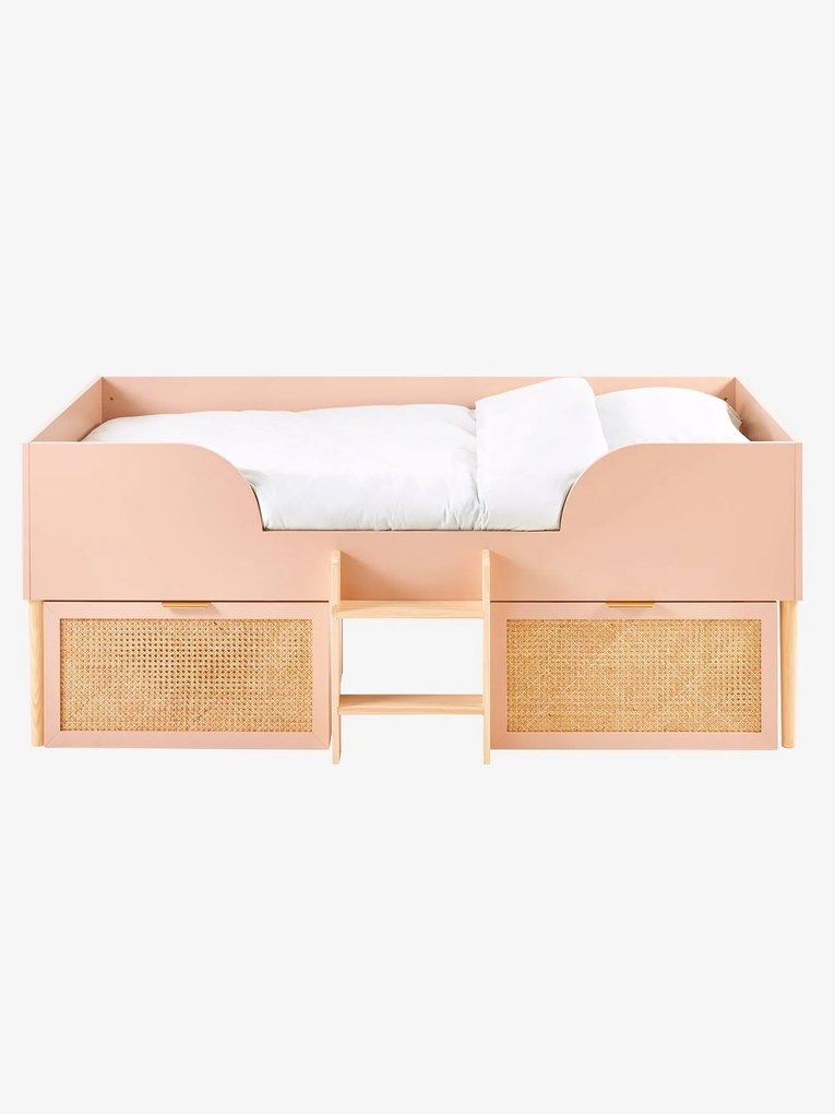 Cama alta Montessori com arrumações em palhinha, para criança, Poesia rosa-nude