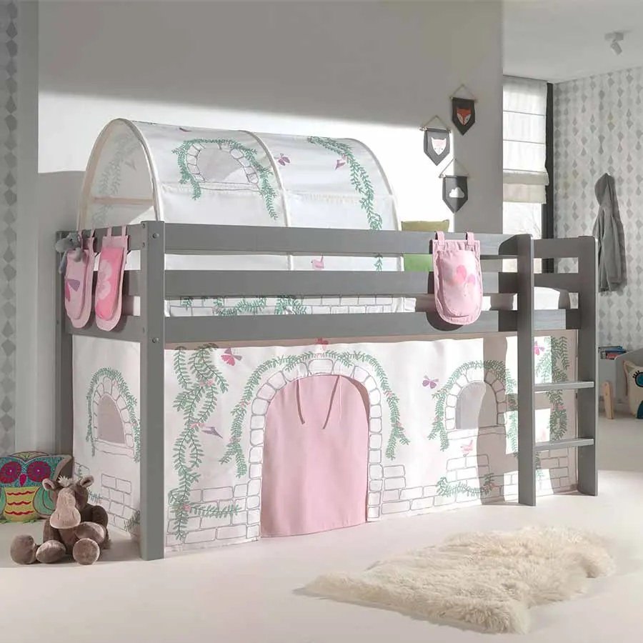 Conjunto Cama alta de Criança PINO 90 x 200 cm + estrado + escada + cortina + 3 Bolsas + Tunel Pássaro Cinzenta