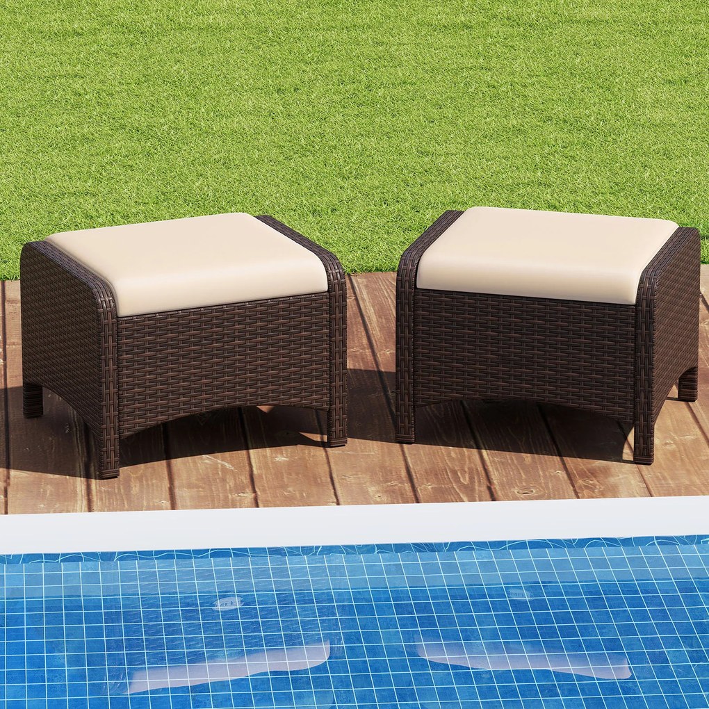 Conjunto de 2 Otomanas Retangulares para Repousa-pés, 54 x 46 x 39,5 cm, Almofadas Removíveis, Bege e Castanho