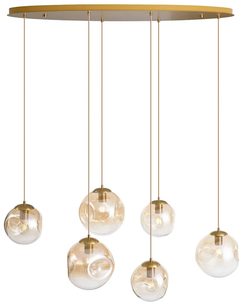 Candeeiro suspenso Art Deco latão com placa de teto oval e vidro âmbar 6 luzes - Douglass Art Deco