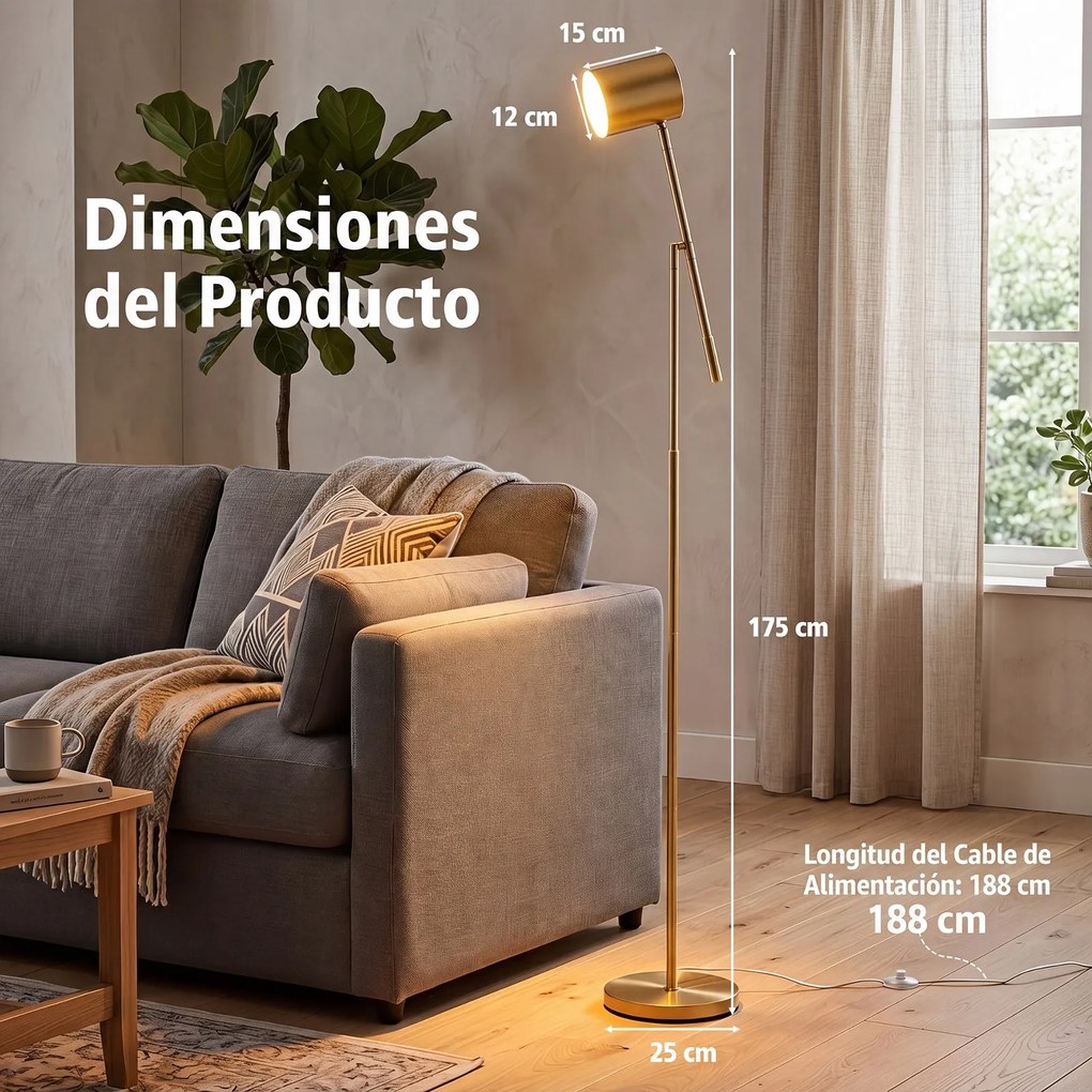 Candeeiro de Pé, Altura 175 cm e Ângulo Ajustáveis, Dourado