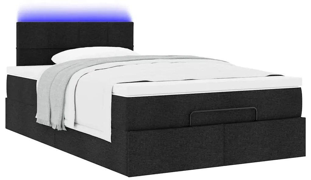 Cama otomana com colchão & LEDs 120x190 cm tecido preto