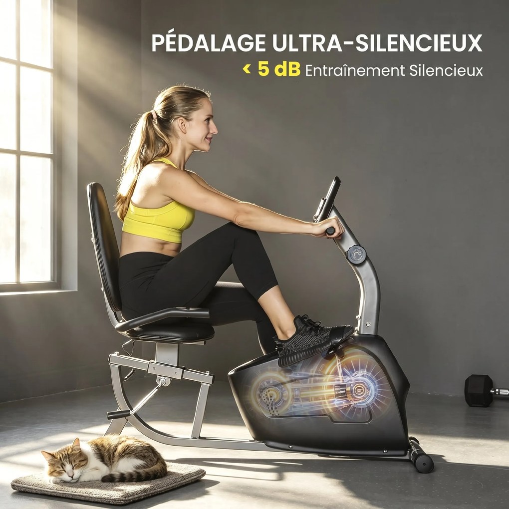 Bicicleta estática semi-reclinada com rodas, resistência magnética e assento ajustável, 132 x 62 x 100 cm, preta