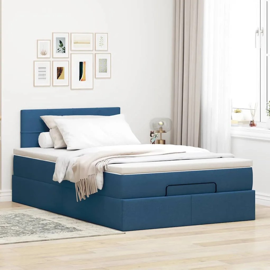 Estrutura de cama otomana com colchão 120x190 cm tecido azul