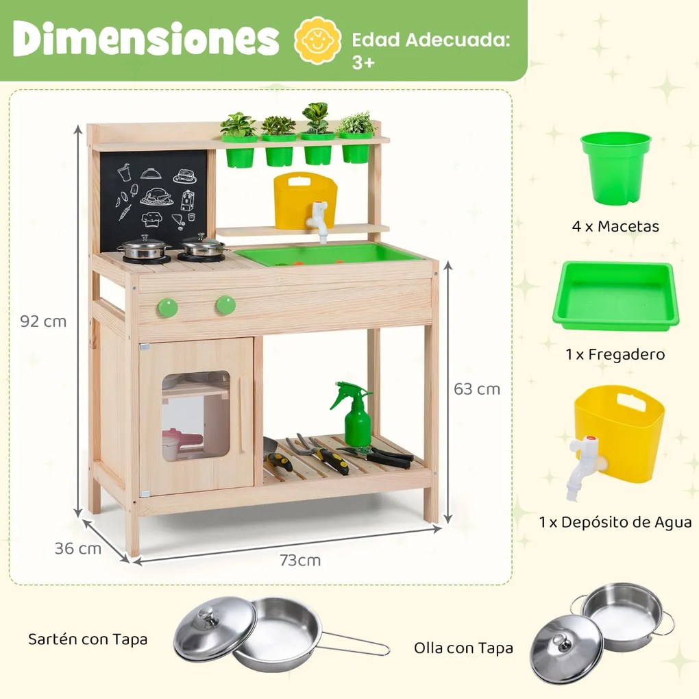 Cozinha infantil de madeira com lousa, fogão, torneira, pia e acessórios para crianças a partir dos 3 anos Natural