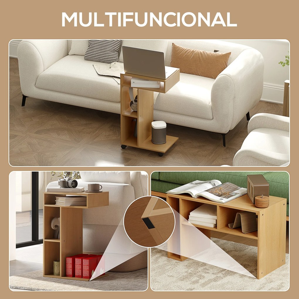 Mesa Auxiliar em Forma de C Mesa Auxiliar para Sofá com Rodas Comparti