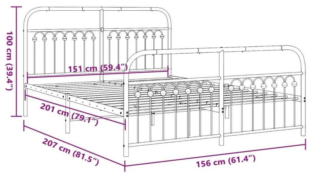 Estrutura de cama com cabeceira e pés 150x200 cm metal preto