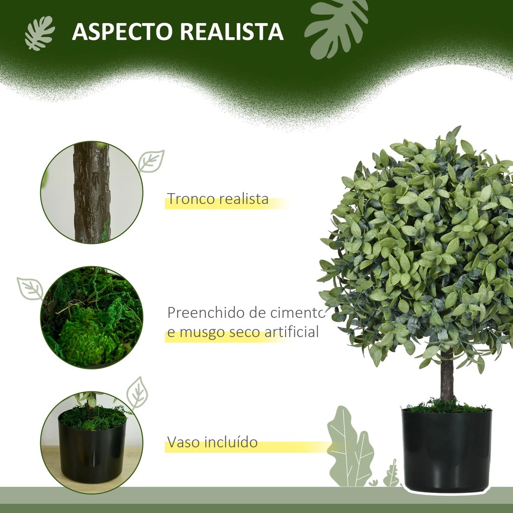 Conjunto de 2 Árvores de Chá Artificial 55 cm Planta Artificial com 343 Folhas Musgo e Vaso Planta Artificial Decorativa Verde