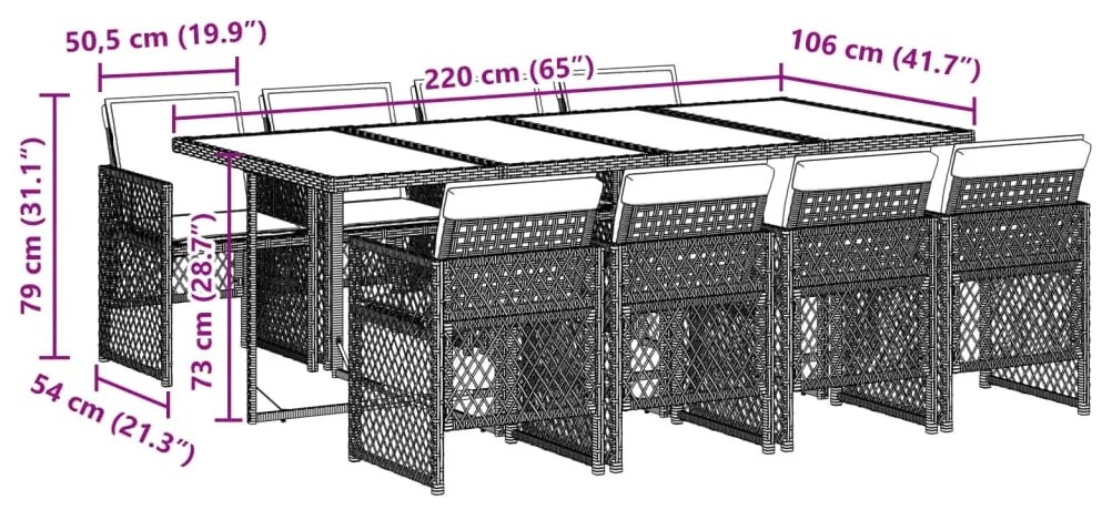 9 pcs conjunto de jantar p/ jardim com almofadões vime PE bege