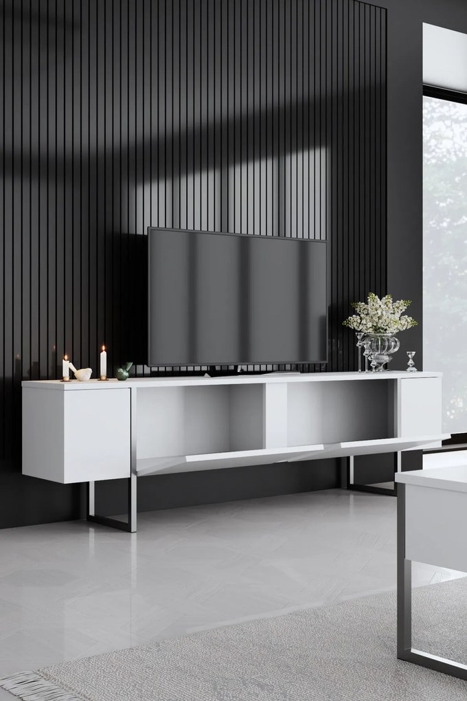 Móvel TV Luxe – Branco e Prateado – 180 x 30 x 50 cm