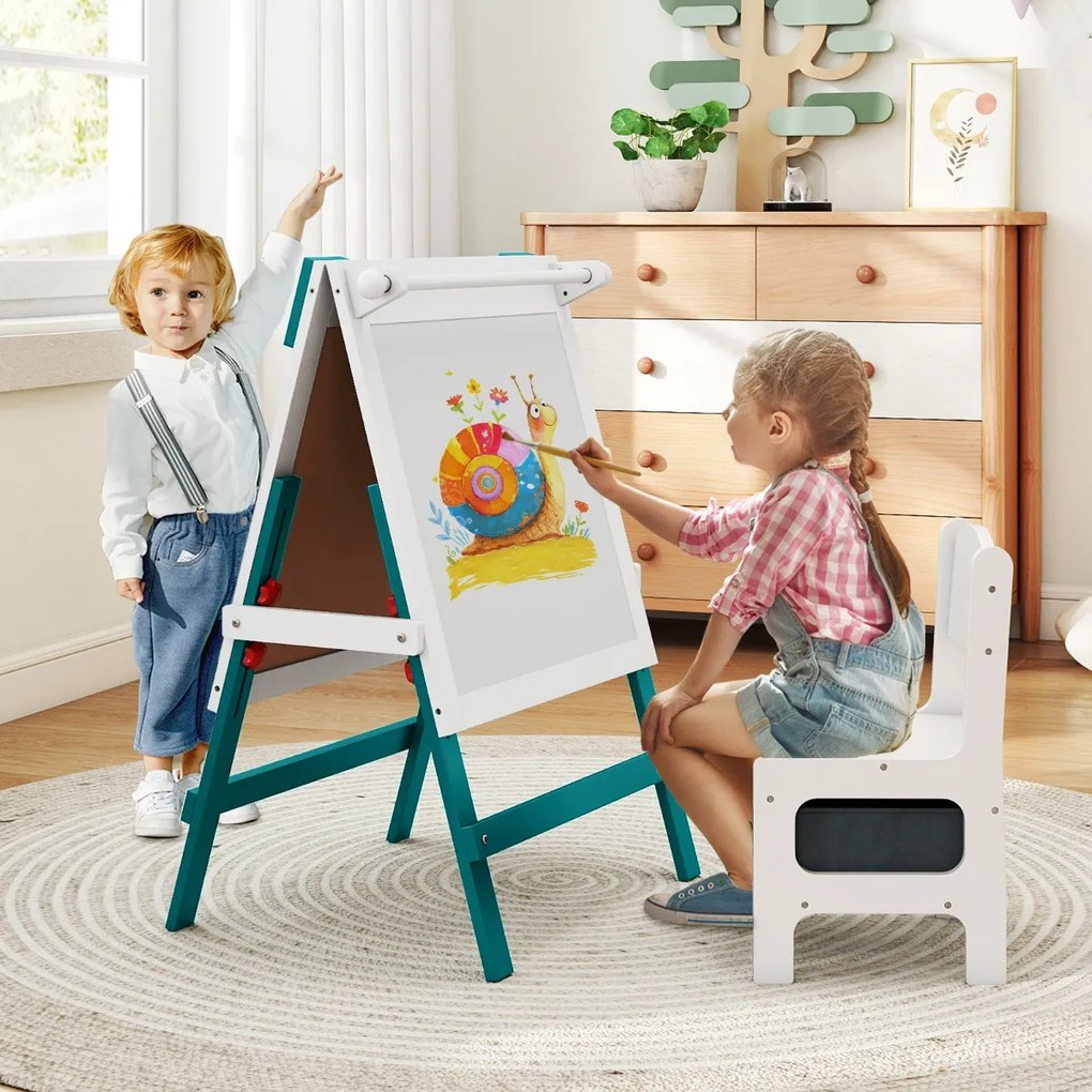 Cavalete infantil reversível 55 x 48 x 75-94 cm com cadeira ajustável com quadro negro e Quadro branco e Porta-papel verde