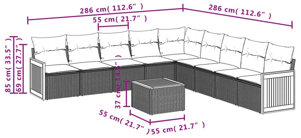 10 pcs conjunto sofás de jardim c/ almofadões vime PE cinzento