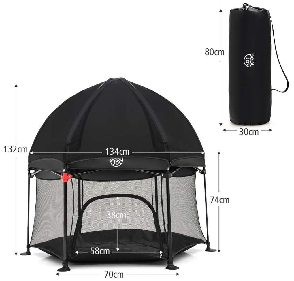Parque Infantil Hexagonal para Crianças Portátil Dobrável com Tapete de Bebé Desdobrável 134 x 132 x 132 cm Preto