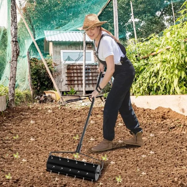 Rolo Aerador de relva com cabo amovível 130 cm Dentes para jardim Pátio Fácil de montar Preto