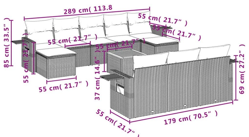 11 pcs conjunto sofás de jardim c/ almofadões vime PE preto
