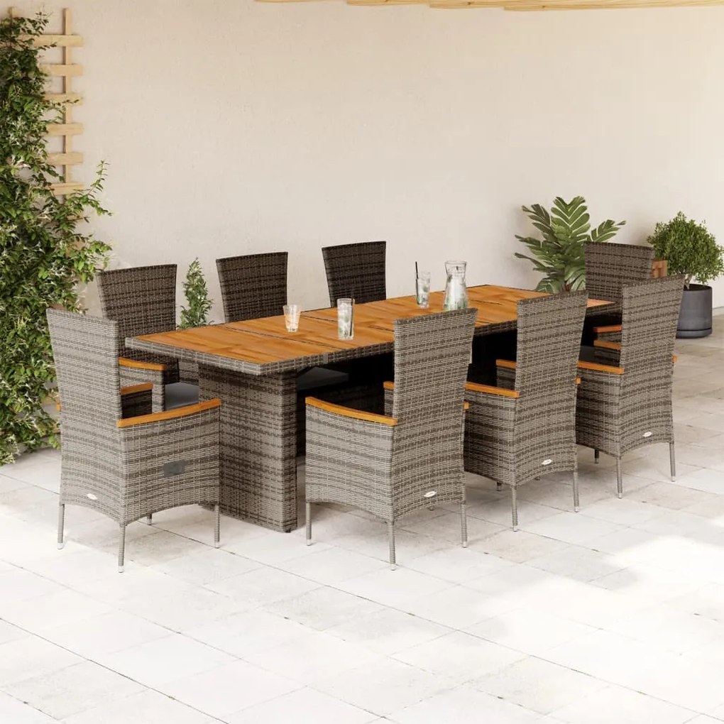 vidaXL 9 pcs conjunto de jantar p/ jardim c/ almofadões vime PE cinza