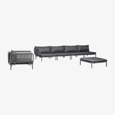 Conjunto De Jardim Com Sofá Modular De Canto De 4 Peças, Puff E Poltrona Em Aço Roubly Cinza Grafito - Sklum