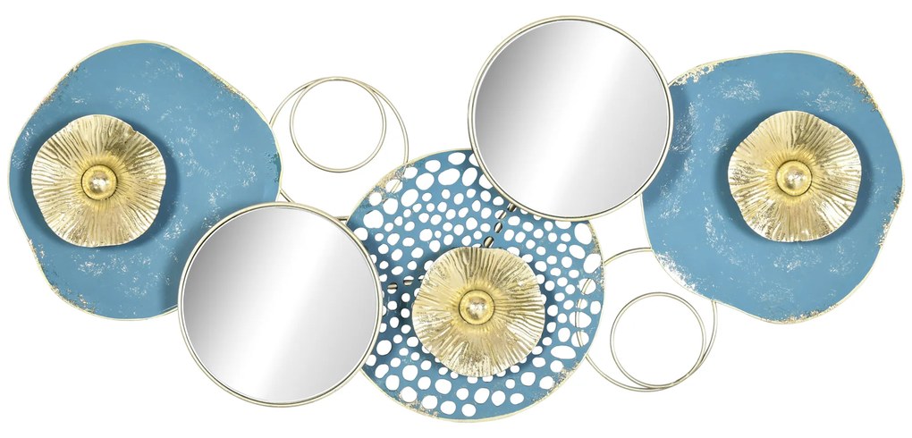 HOMCOM Decoração de Parede de Metal Espelho de Folhas de Flores 3D Arte de Parede Suspensa para Sala de Estar Dormitório Escritório 65x29cm Multicor
