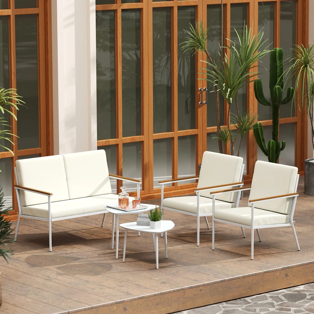 Conjunto de Jardim de 5 Peças com 1 Sofá de 2 Lugares 2 Poltronas e 2 Mesas de Centro com Bancada de Vidro Creme