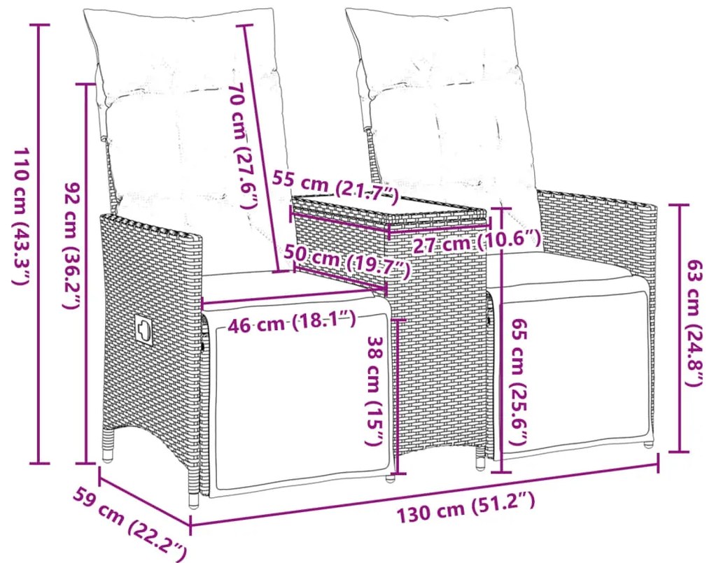 Sofá de jardim reclinável 2 lugares com mesa vime PE cinzento