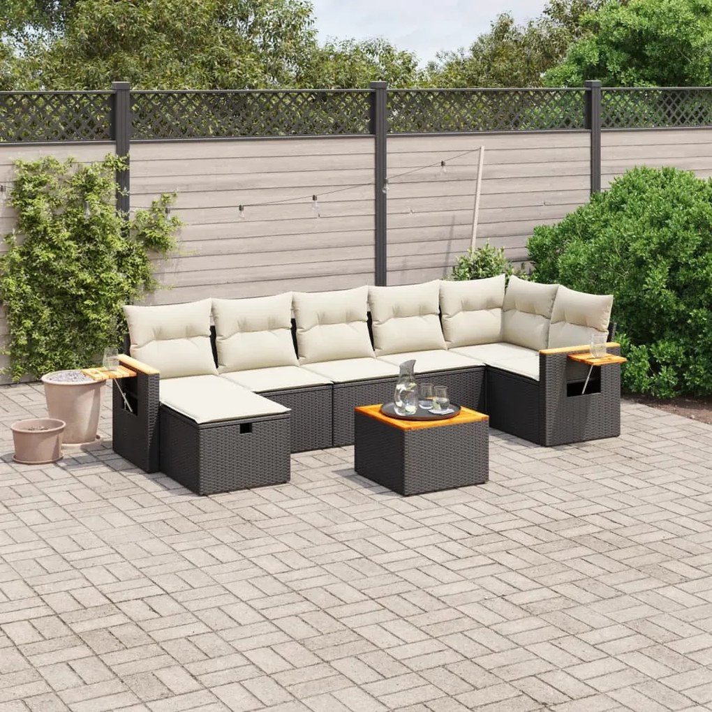 8 pcs conjunto sofás de jardim com almofadões vime PE preto