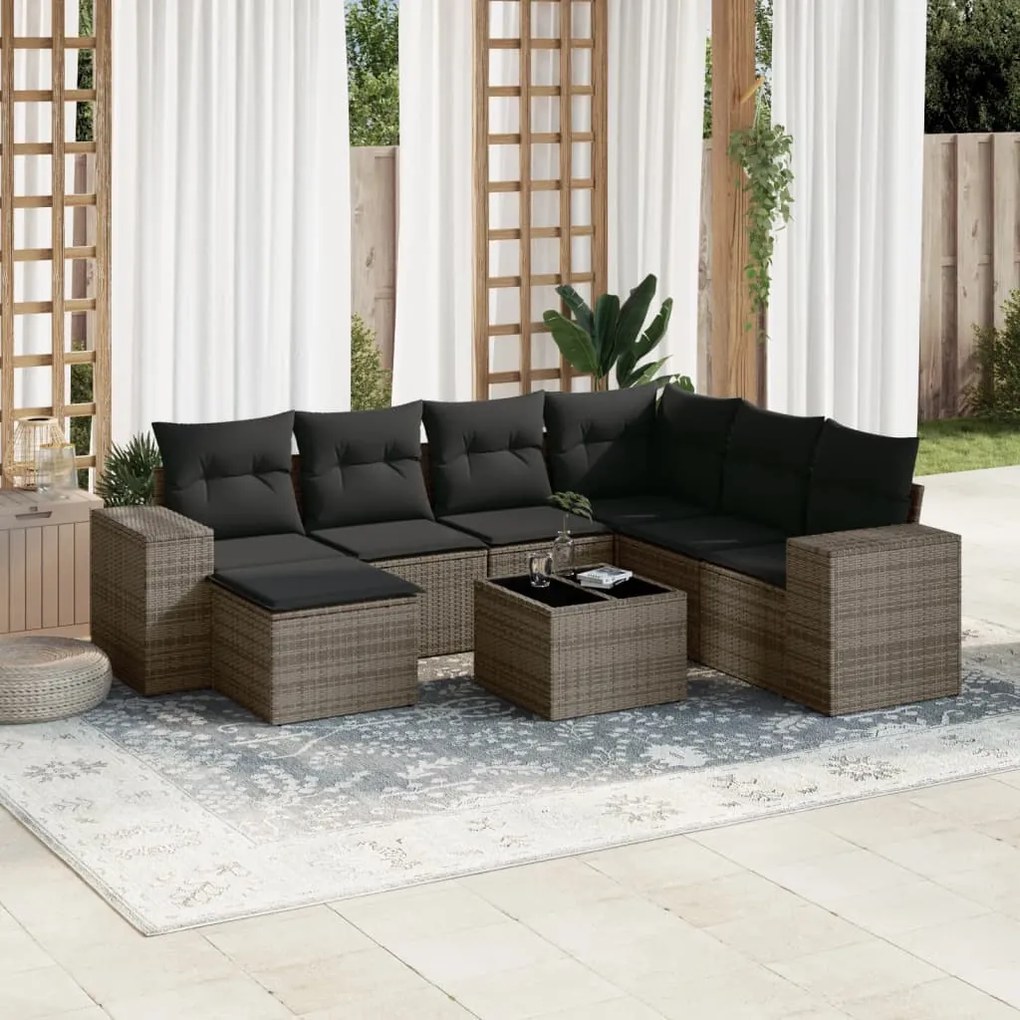 8 pcs conjunto sofás de jardim c/ almofadões vime PE cinzento