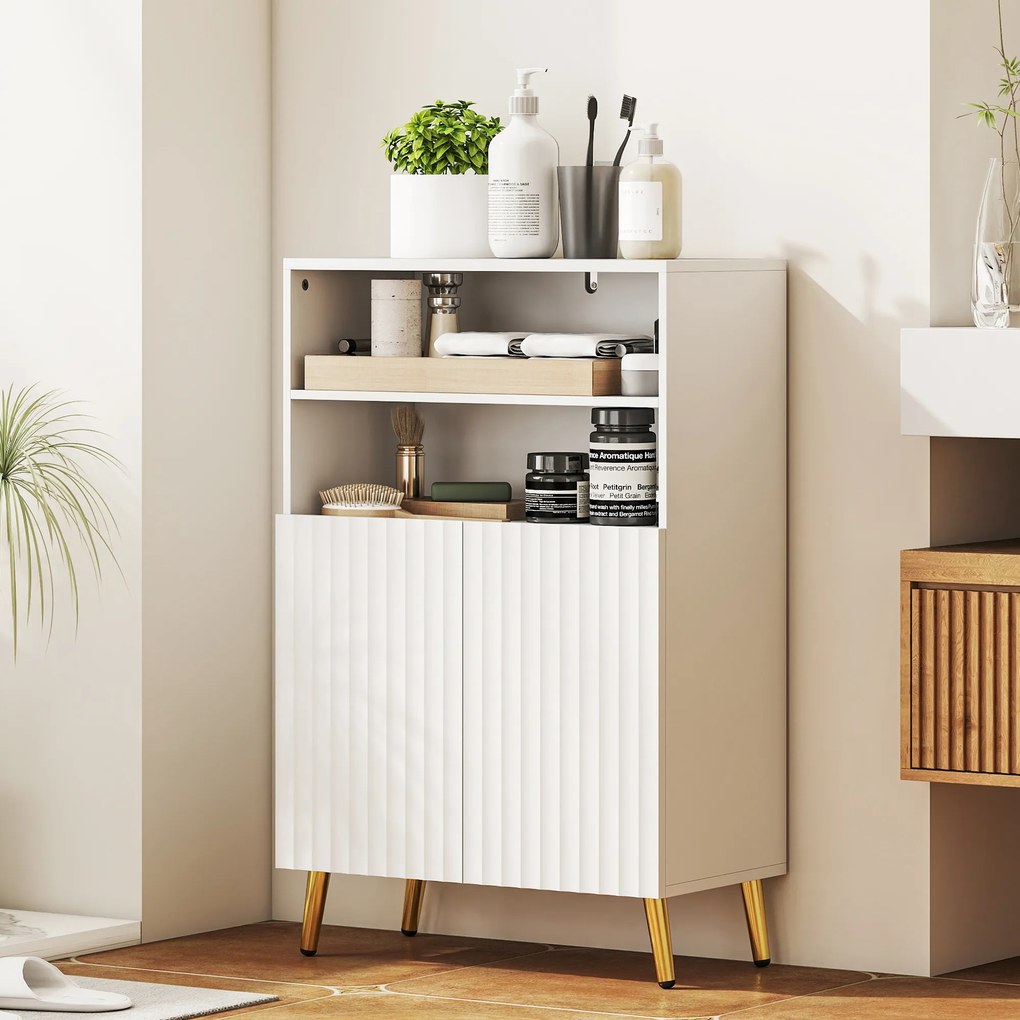 Móvel de casa de banho 60 x 31,8 x 93 cm, armário estreito de casa de banho com 5 prateleiras, portas caneladas com fecho suave, branco
