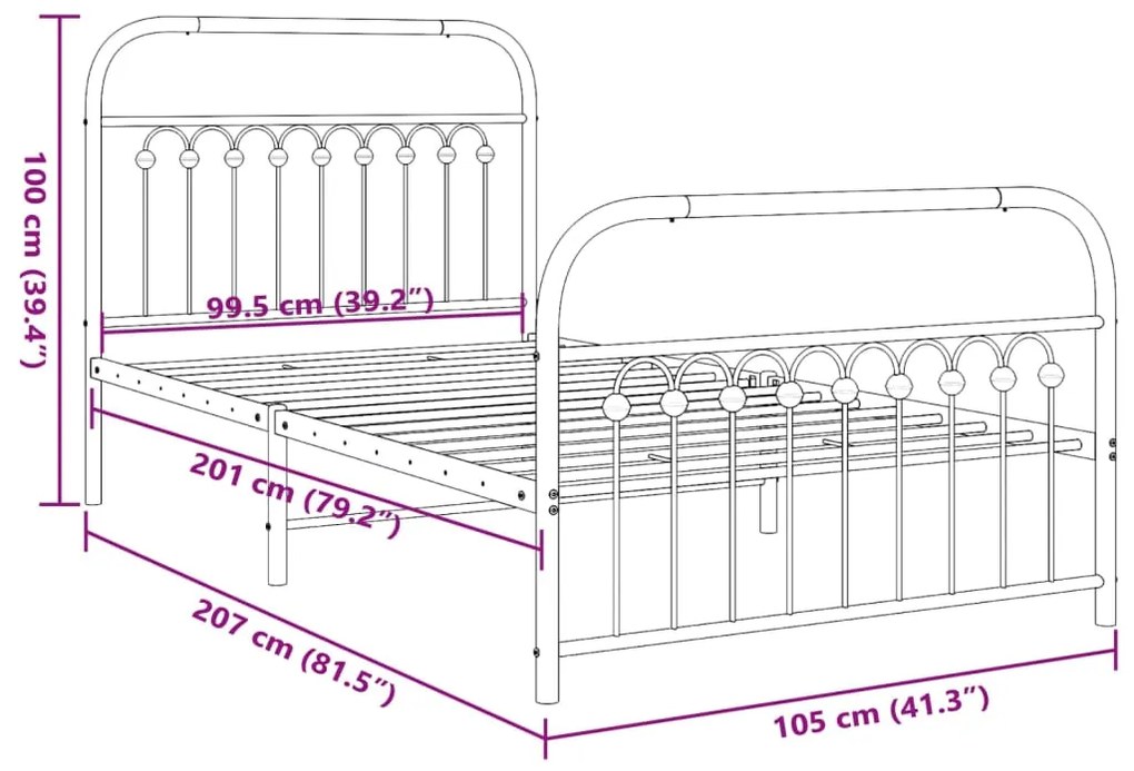 Estrutura de cama com cabeceira e pés 100x200 cm metal branco