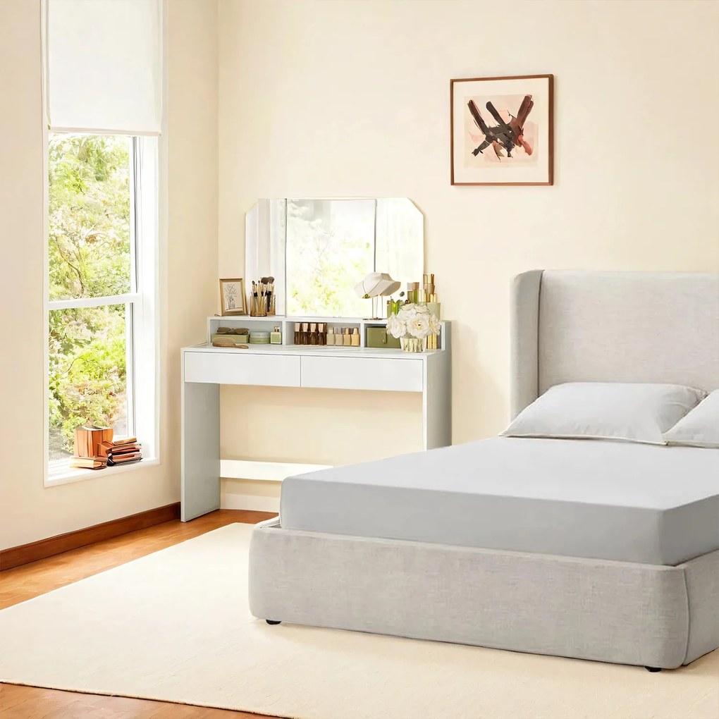 Toucador com espelho rebatível 40 x 100 x 140 cm e 2 gavetas e com 3 compartimentos abertos branco