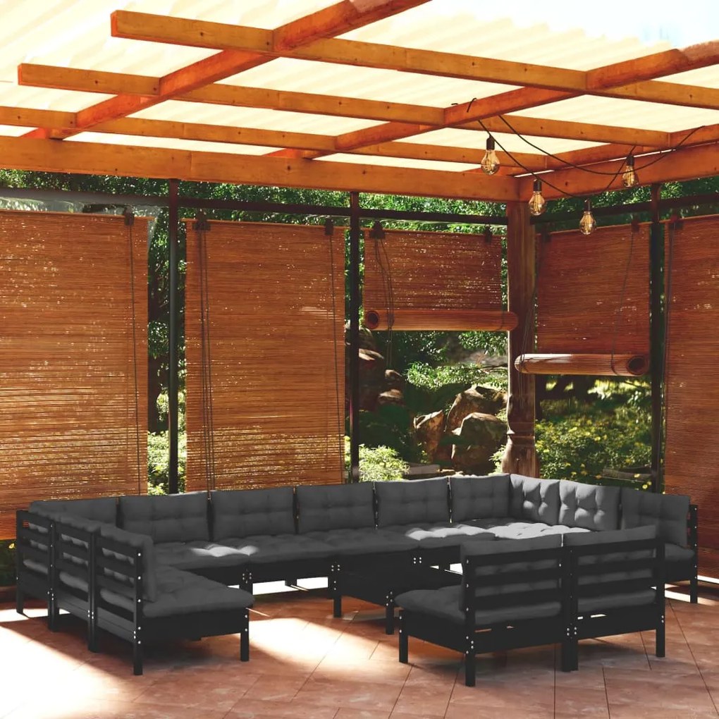 vidaXL 13 pcs conjunto lounge jardim c/ almofadões pinho maciço preto