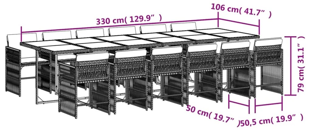 13 pcs conjunto de jantar p/jardim com almofadões vime PE preto