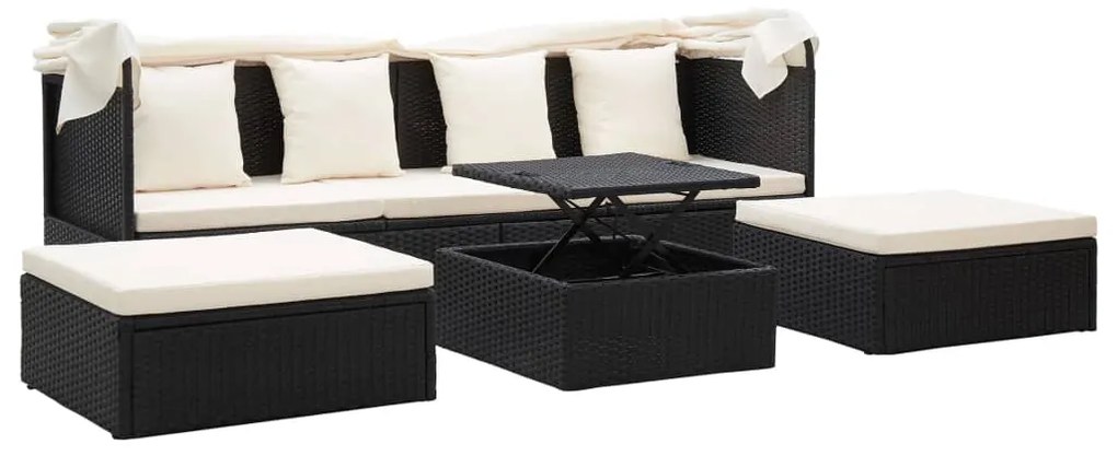 Espreguiçadeira de jardim com teto vime PE preto