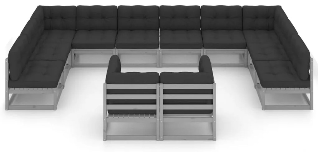 12pcs conjunto lounge de jardim + almofadões pinho maciço cinza