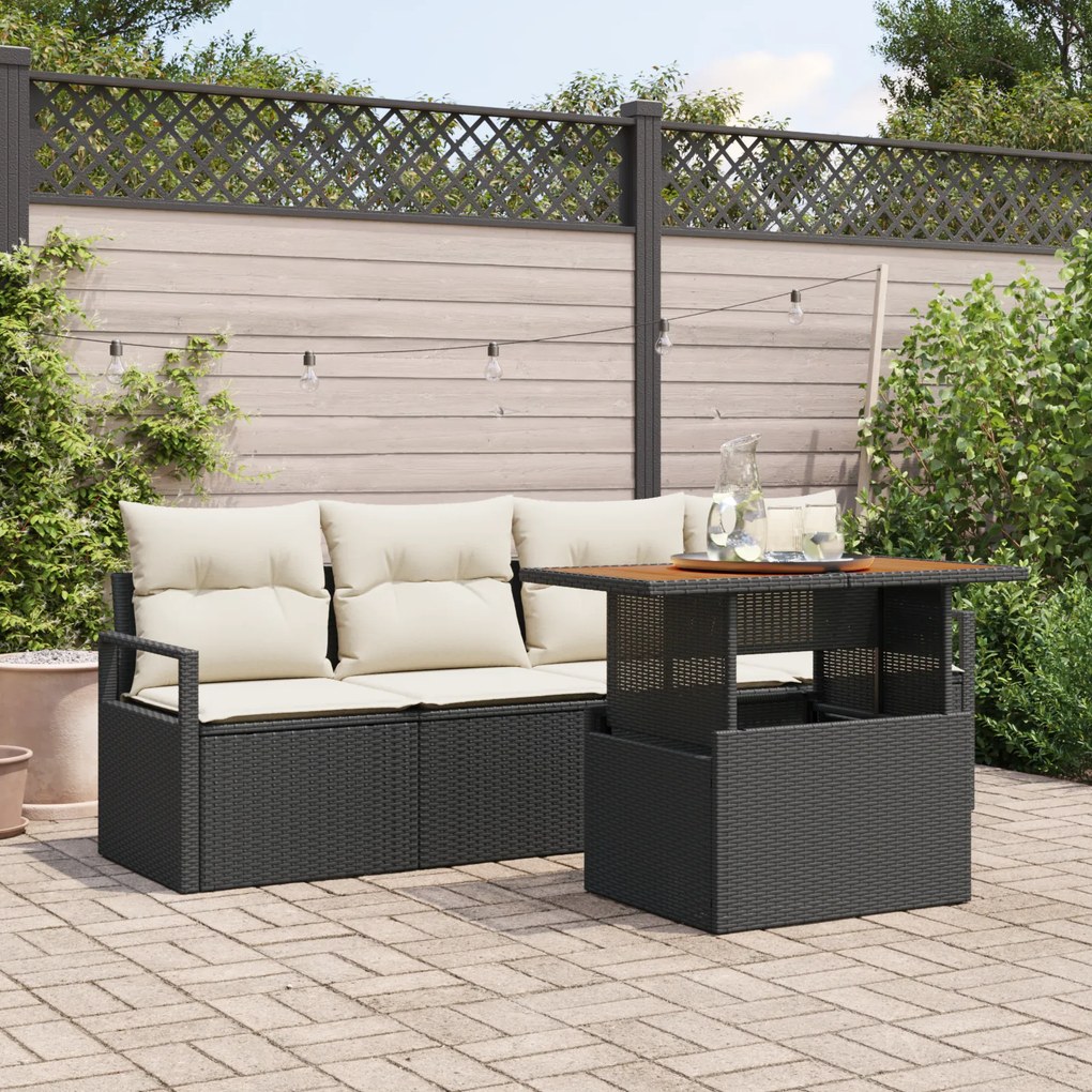 Conjunto de Sofá de Jardim vidaXL de 5 Peças com Almofadas Preto de Vime Poliéster
