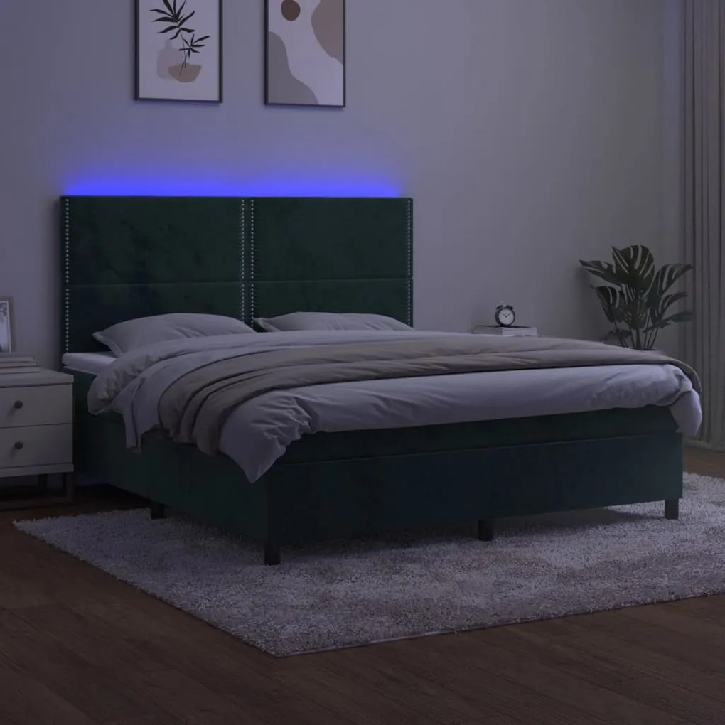 Cama box spring c/ colchão/LED 180x200 cm veludo verde-escuro