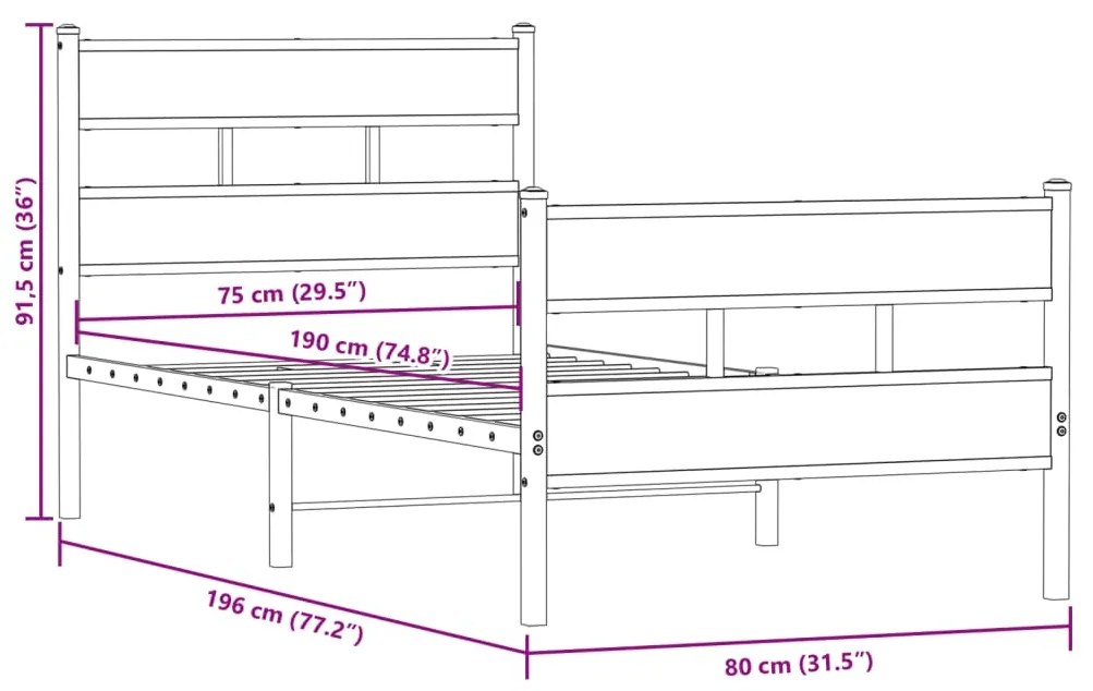 Estrutura de cama sem colchão 75x190 cm metal carvalho sonoma