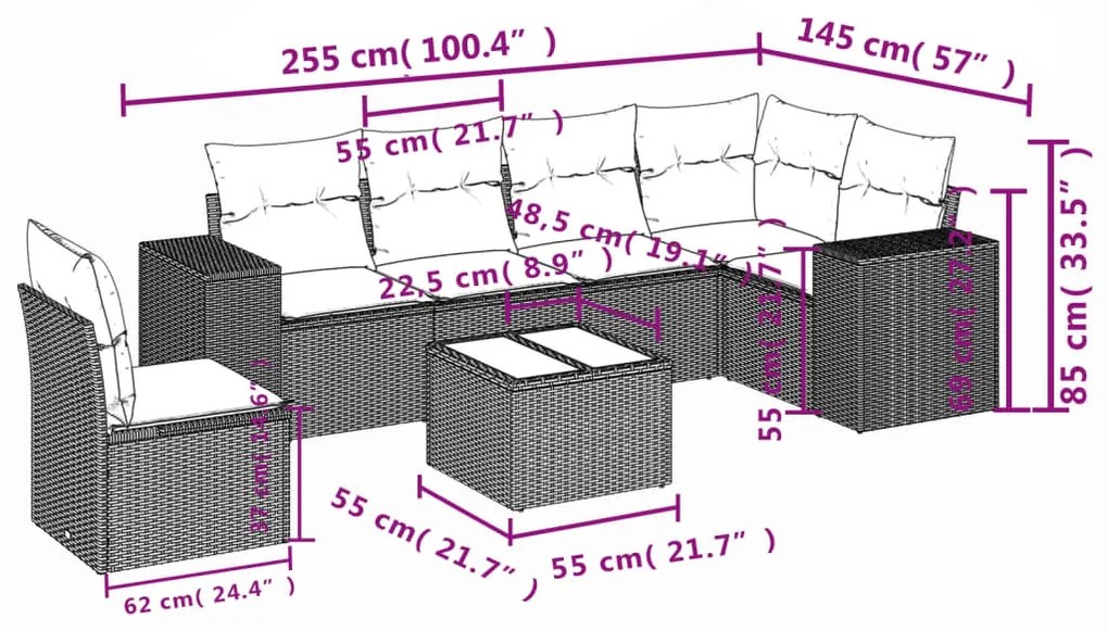 7 pcs conjunto de sofás jardim c/ almofadões vime PE castanho