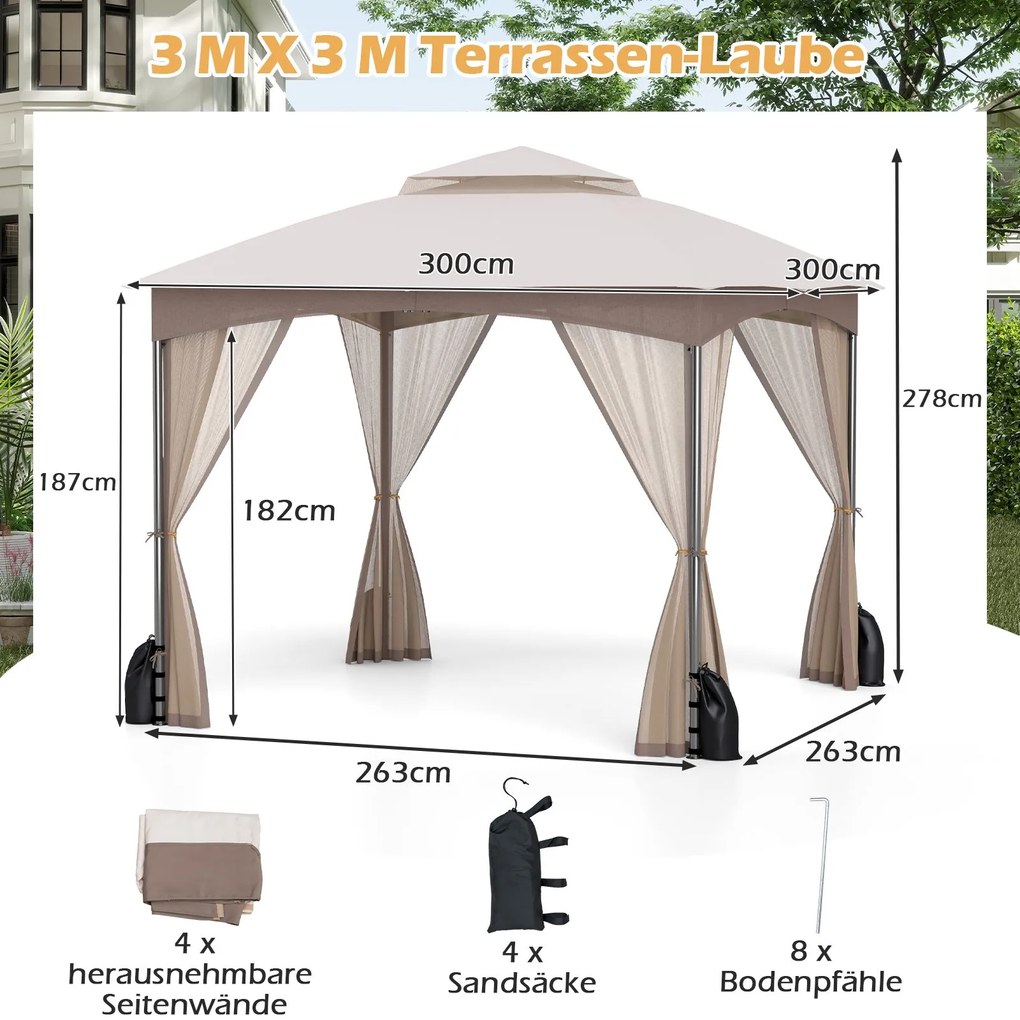 Pergula jardim de 3 x 3 m com rede mosquiteira, 4 sacos de areia e teto duplo impermeável cor cáqui